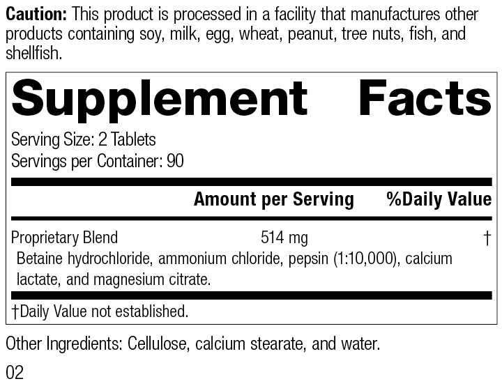 Standard Process Inc Vitamins & Supplements 180 Tablets Betaine Hydrochloride, 180 Tablets