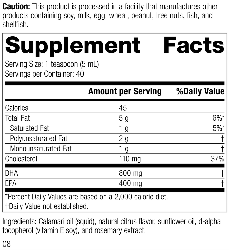 Calamari Omega-3 Liquid, 200 mL, Rev 08 Supplement Facts