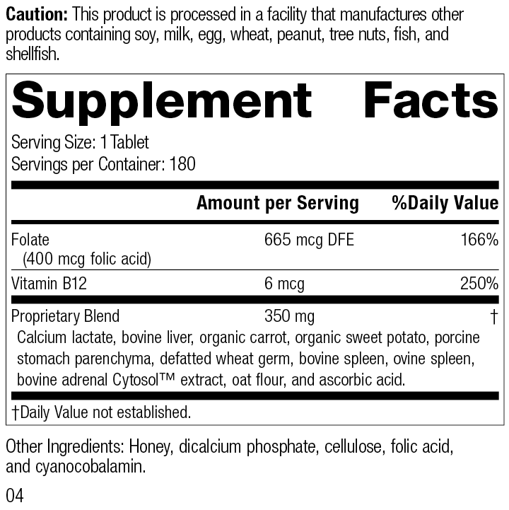 Standard Process Inc Vitamins & Supplements 180 Tablets Folic Acid B12, 180 Tablets