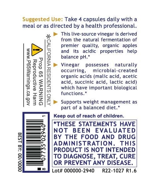 ACV, Premier: Organic Apple Cider Vinegar Caps - pH & Digestion All Products A-Z (Temp) PRLabs   