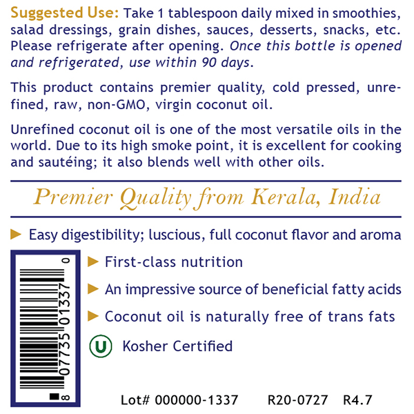 Coconut Oil, Premier - Cold-Pressed, Unrefined Health Booster - PRLabs All Products A-Z (Temp) PRLabs   